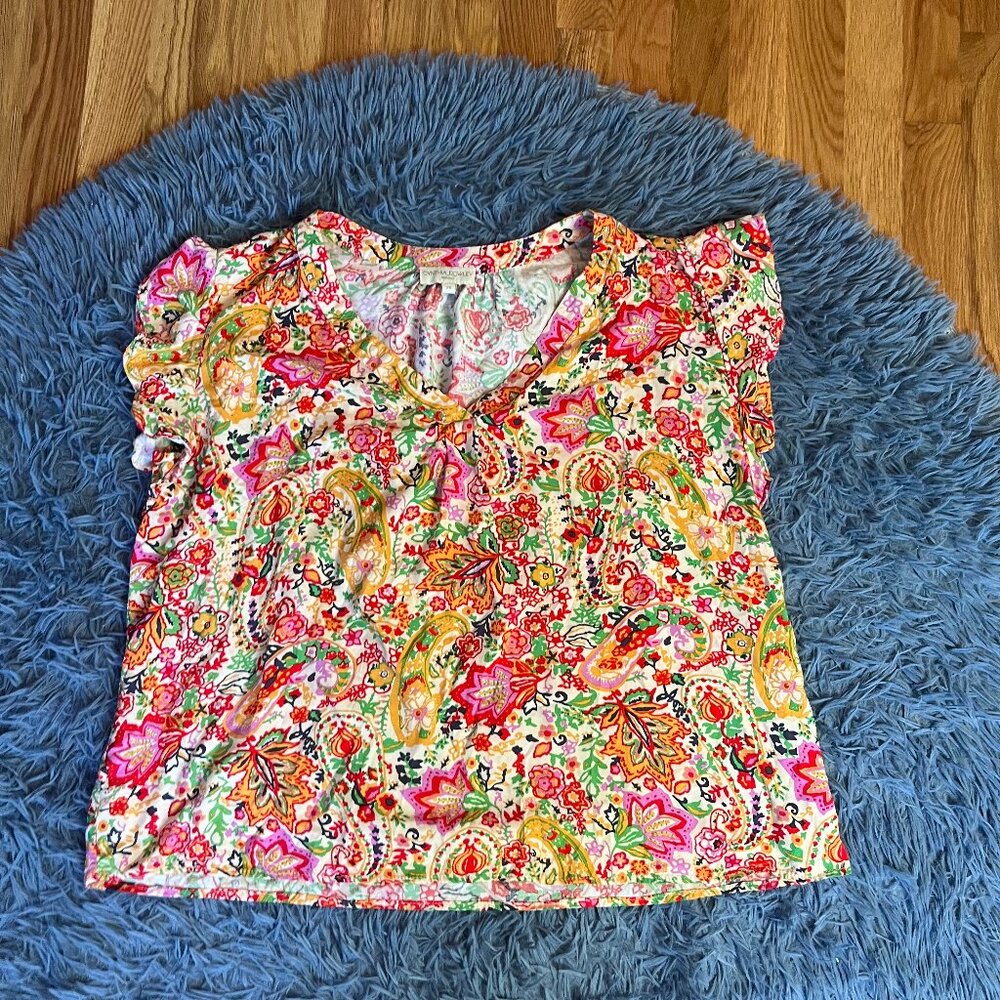 Cynthia Rowley Yellow Red Blouse Floral Leaf Print Size 2X